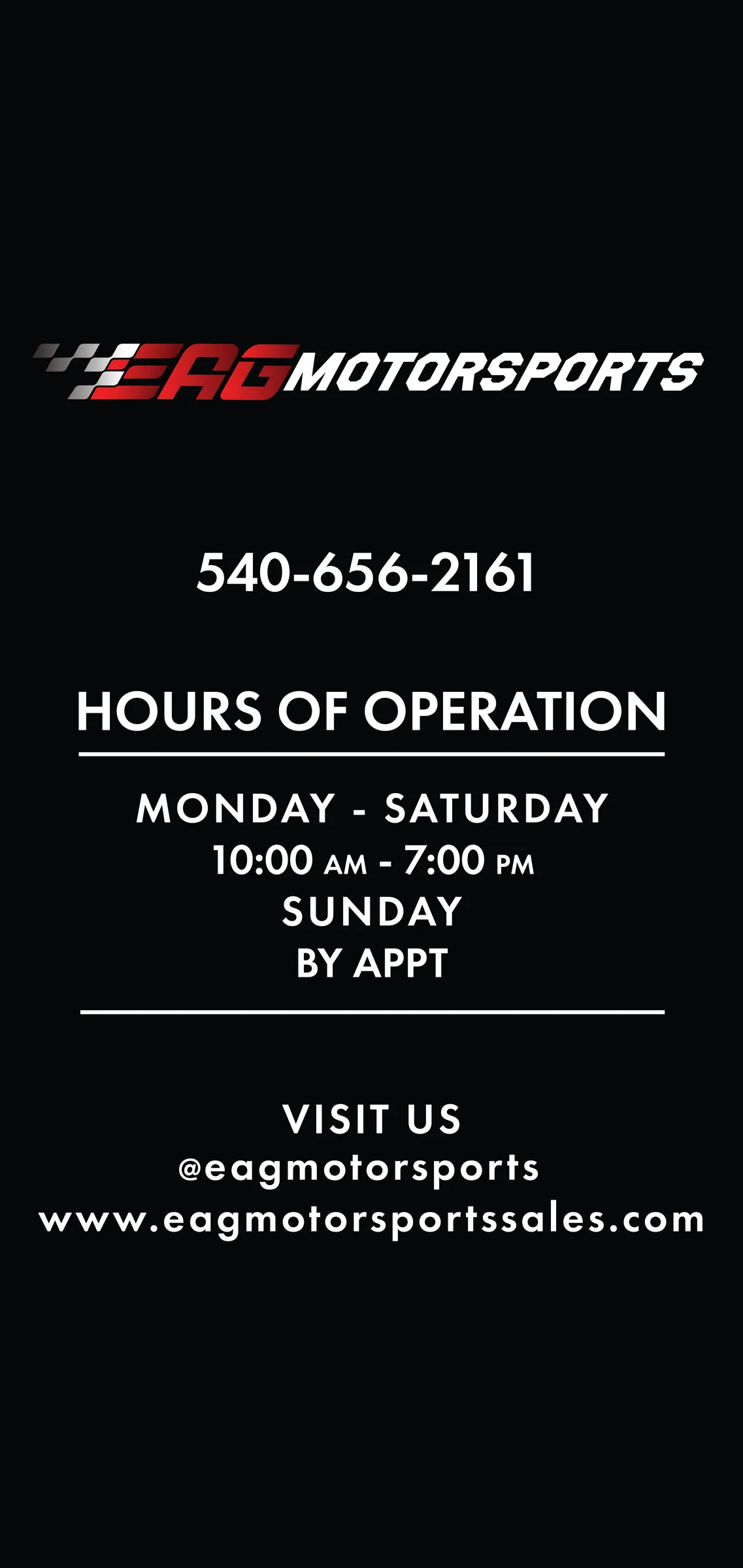 EAG Motorsports hours-of-operation door sign