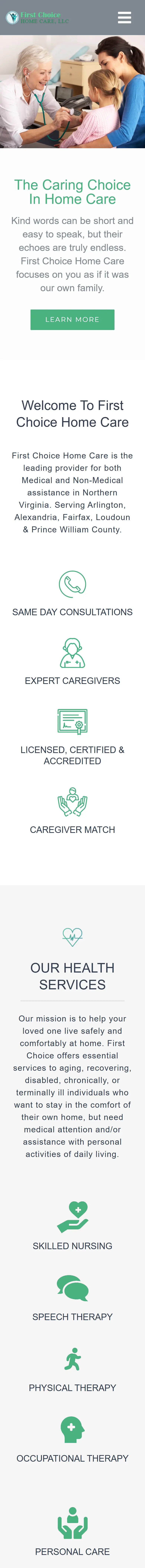 First Choice Home Care website homepage on a phone